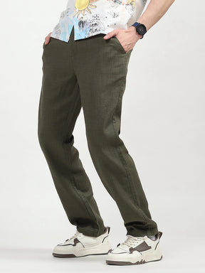 Olive Solid Cotton Loose Fit Trouser