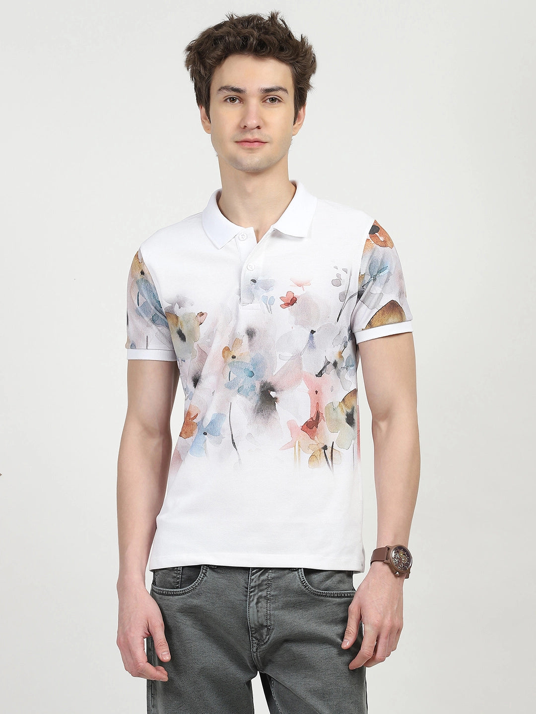 White Floral Print Polo T-Shirt