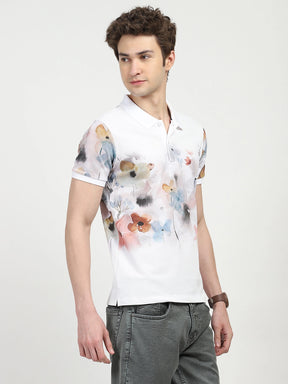 White Floral Print Polo T-Shirt