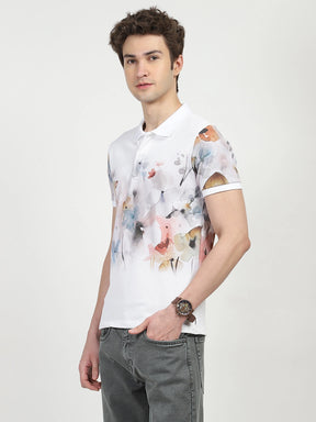 White Floral Print Polo T-Shirt