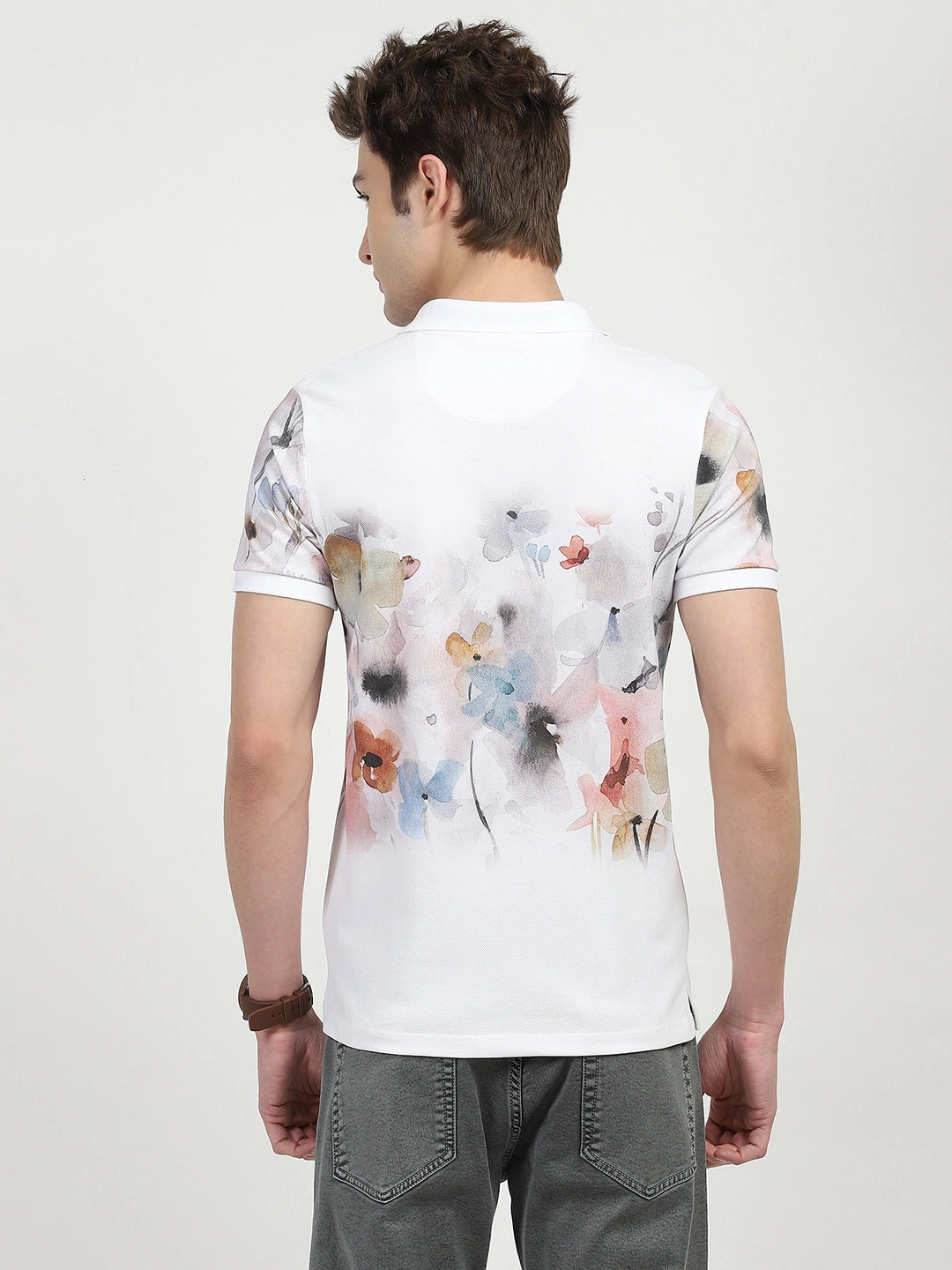 White Floral Print Polo T-Shirt