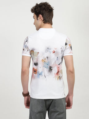 White Floral Print Polo T-Shirt