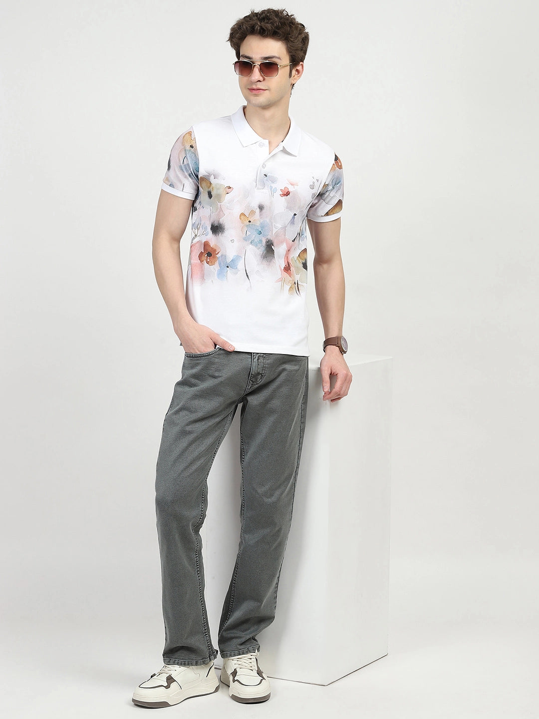 White Floral Print Polo T-Shirt - Global Republic