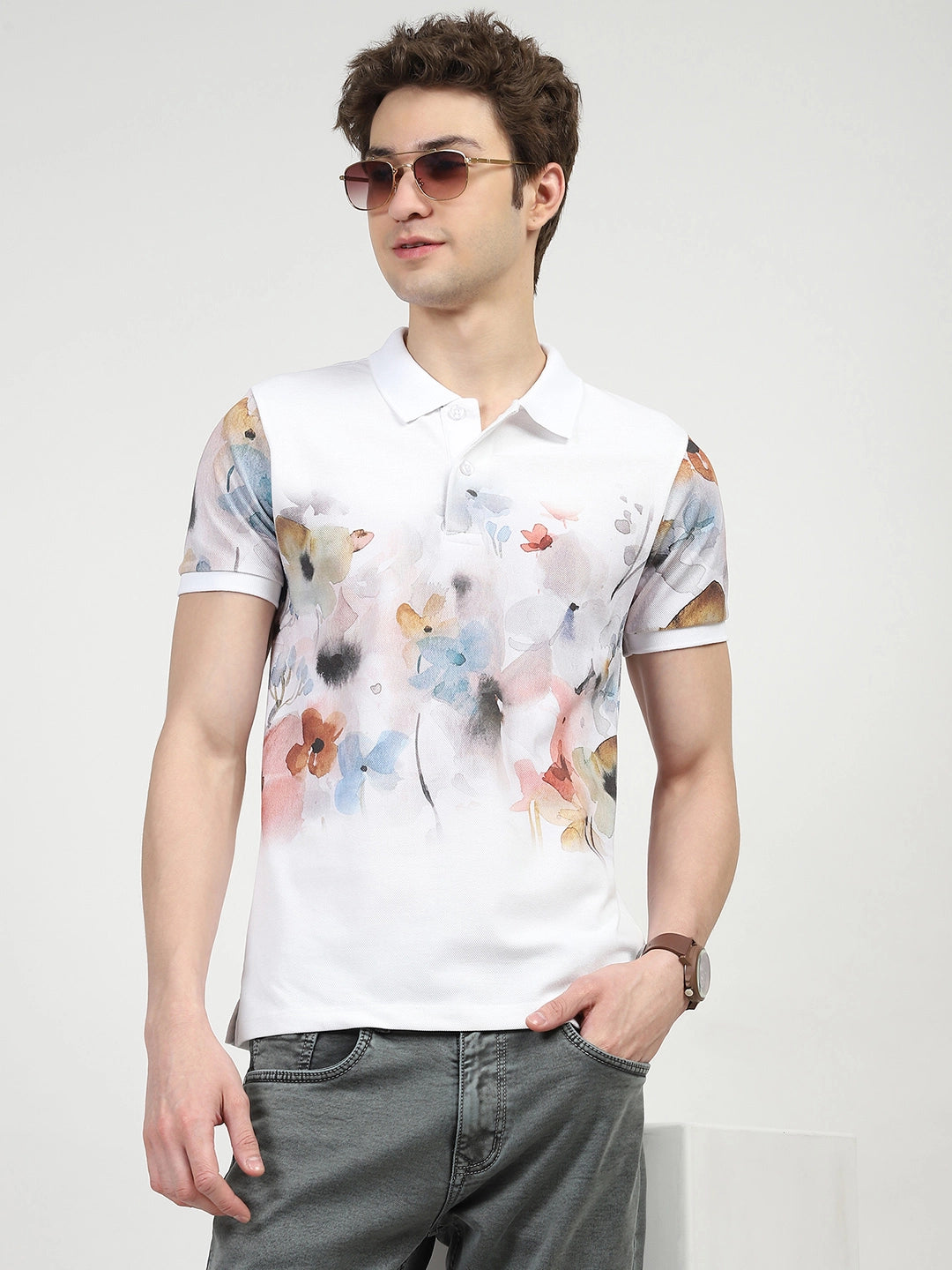 White Floral Print Polo T-Shirt - Global Republic