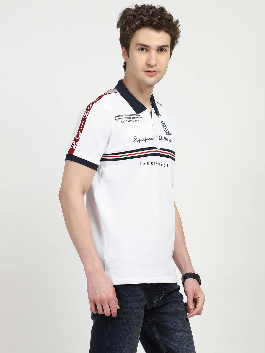 White Typography Cotton Polo T-shirt - Global Republic