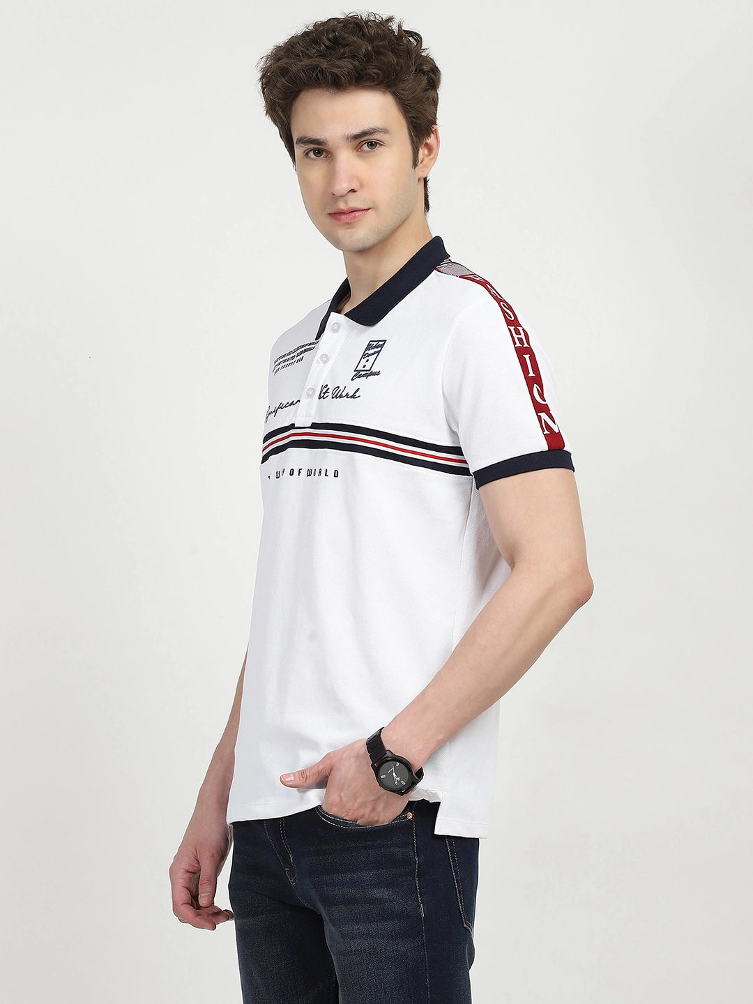 White Typography Cotton Polo T-shirt - Global Republic