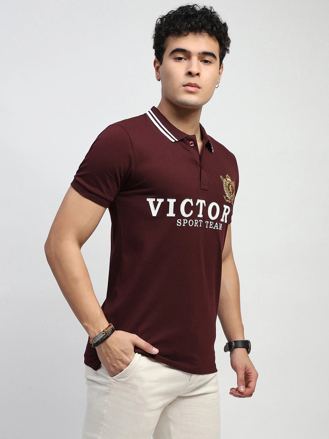 Wine Embroidered Cotton Polo T-Shirt - Global Republic