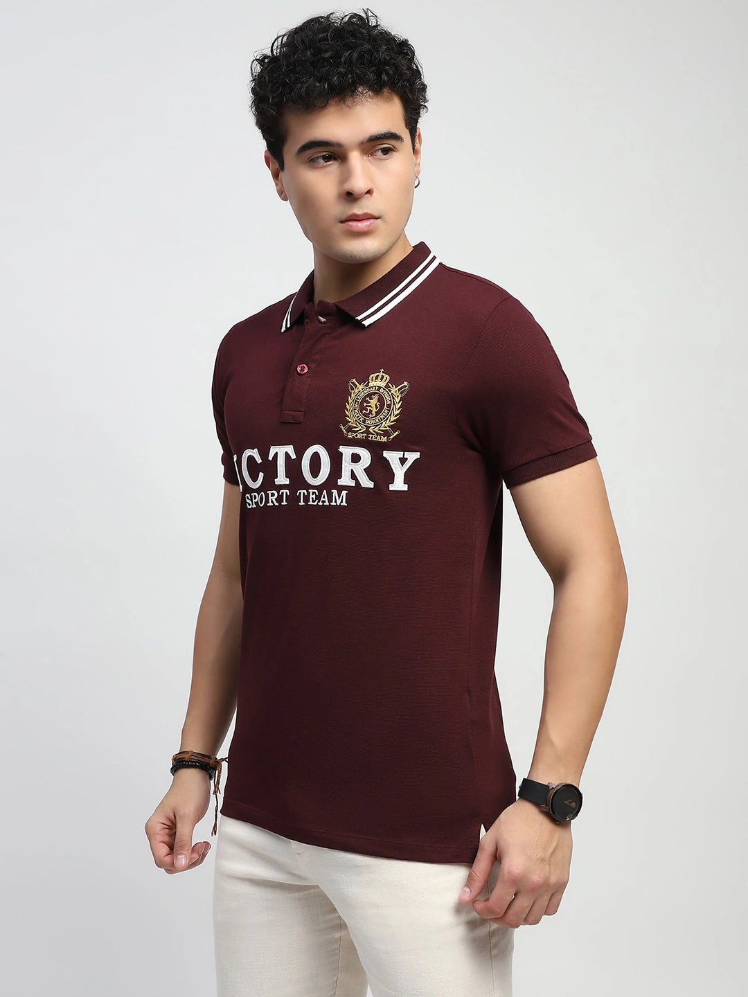 Wine Embroidered Cotton Polo T-Shirt - Global Republic