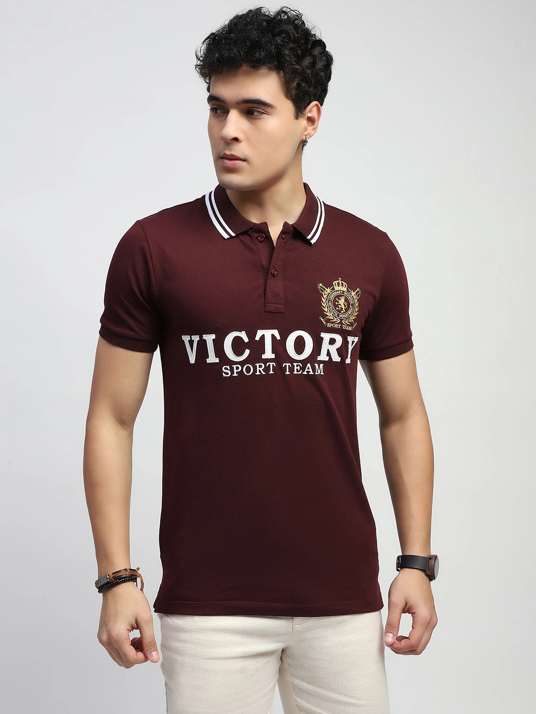 Wine Embroidered Cotton Polo T-Shirt - Global Republic