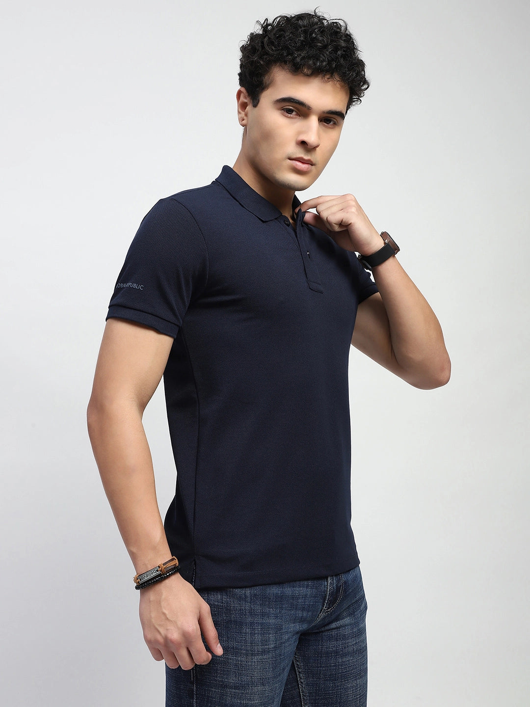 Navy Solid Cotton Blend Polo T-Shirt