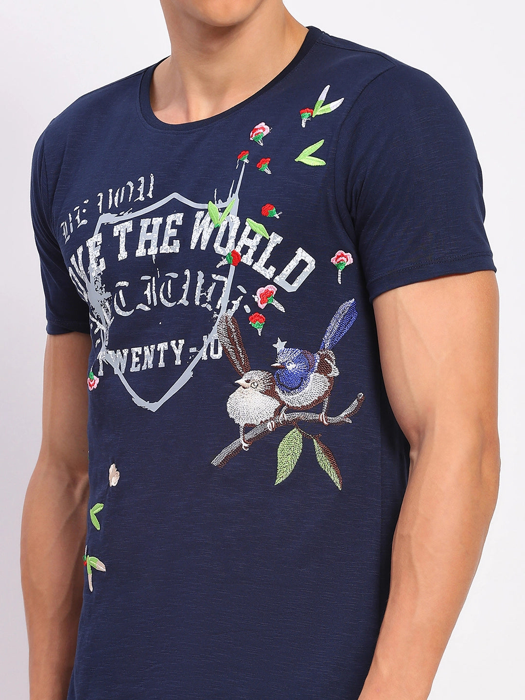 Navy Cotton Typographic Print & Embroidered T-Shirt - Global Republic