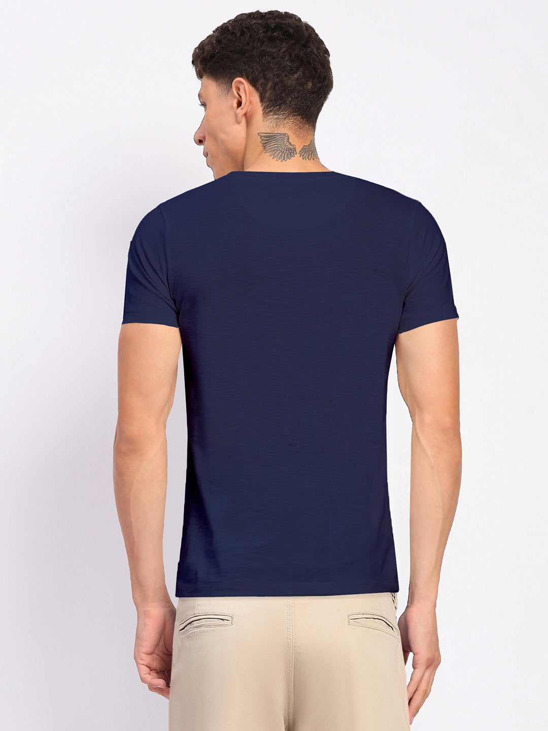 Navy Cotton Typographic Print & Embroidered T-Shirt - Global Republic
