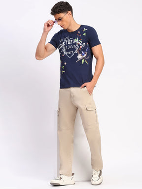 Navy Cotton Typographic Print & Embroidered T-Shirt - Global Republic