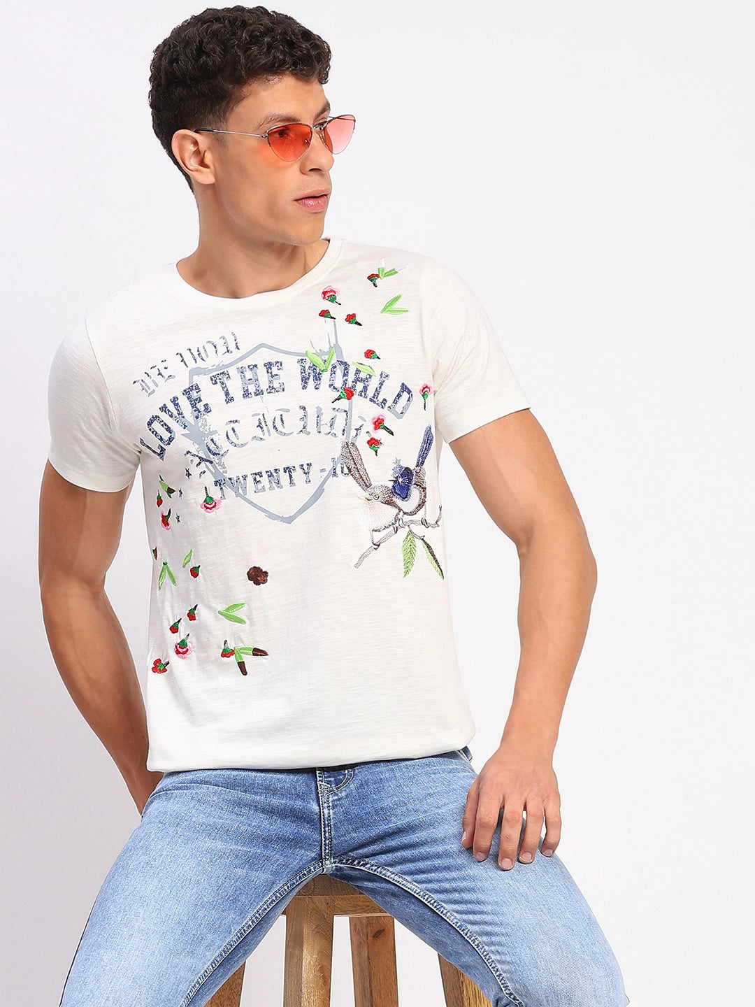 White Cotton Typographic Print & Embroidered T-Shirt - Global Republic