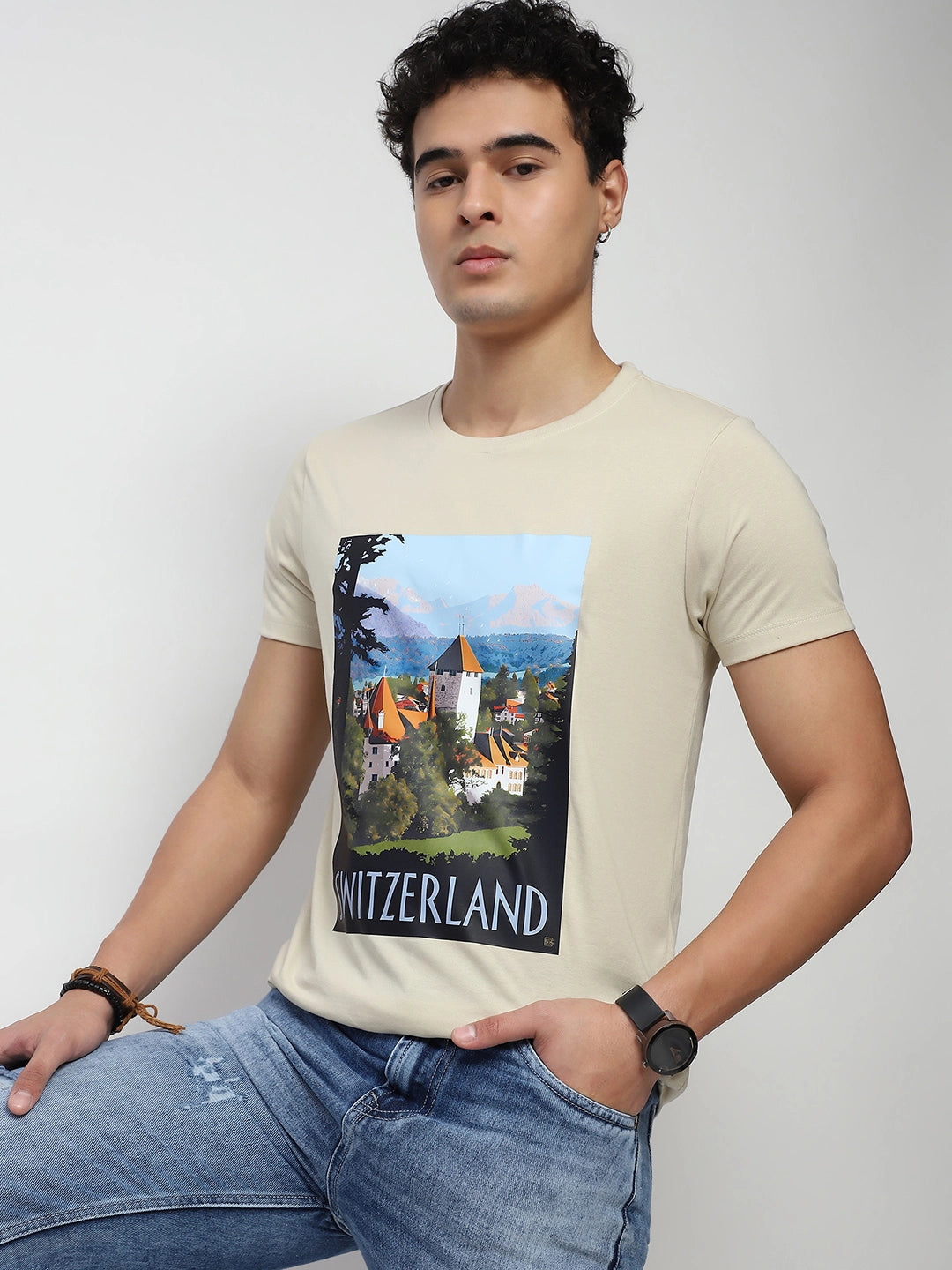 Beige Graphic Cotton T-Shirt - Global Republic