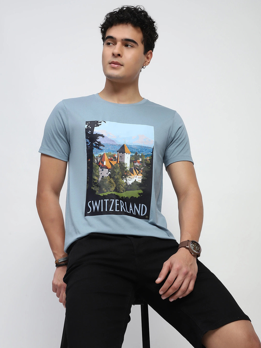 Blue Graphic Cotton T-Shirt