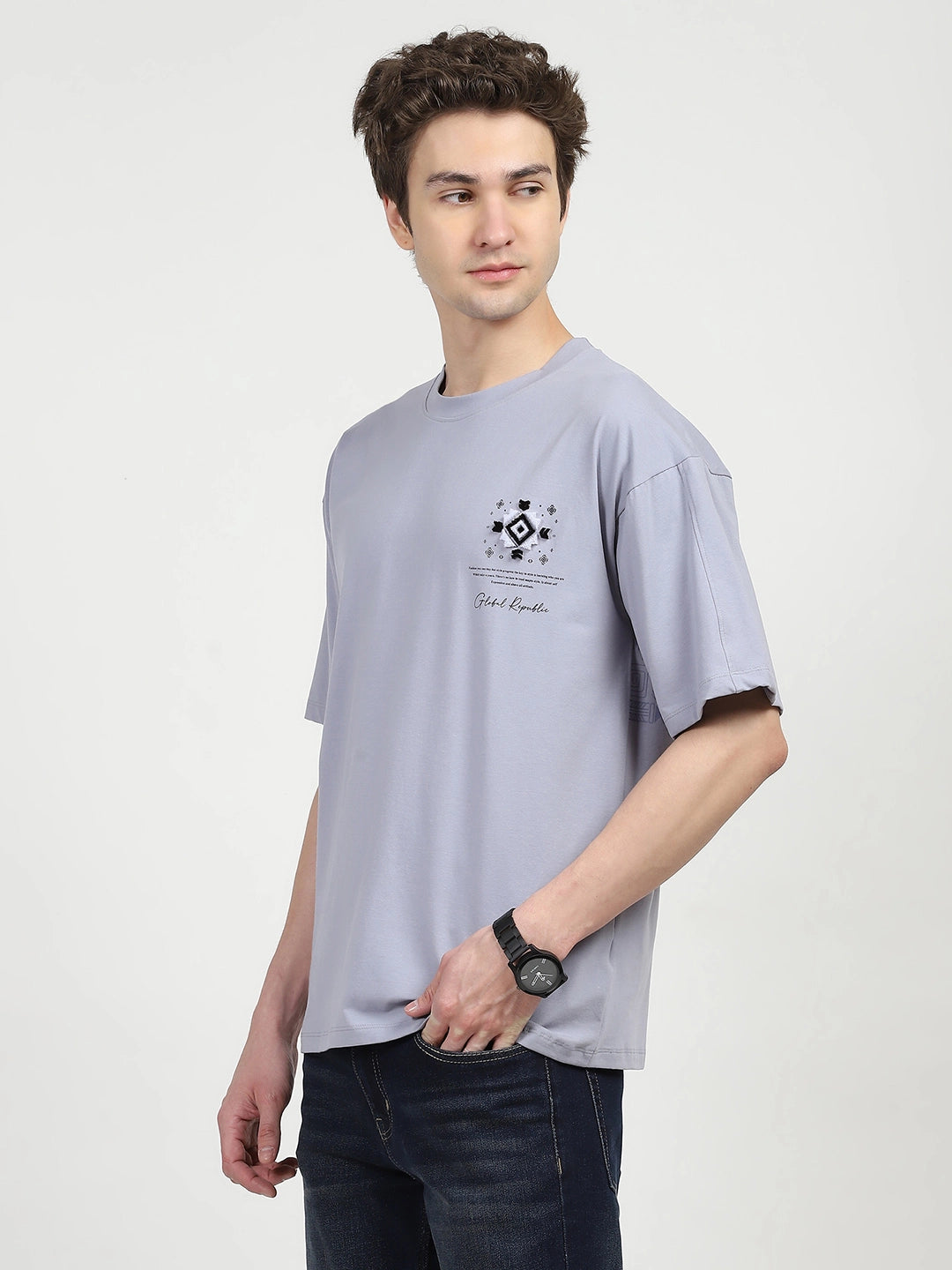 Grey Oversized Graphic Cotton T-shirt