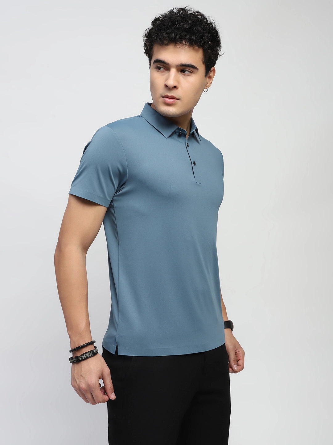 Blue Nylon Blend Solid T-Shirt - Global Republic