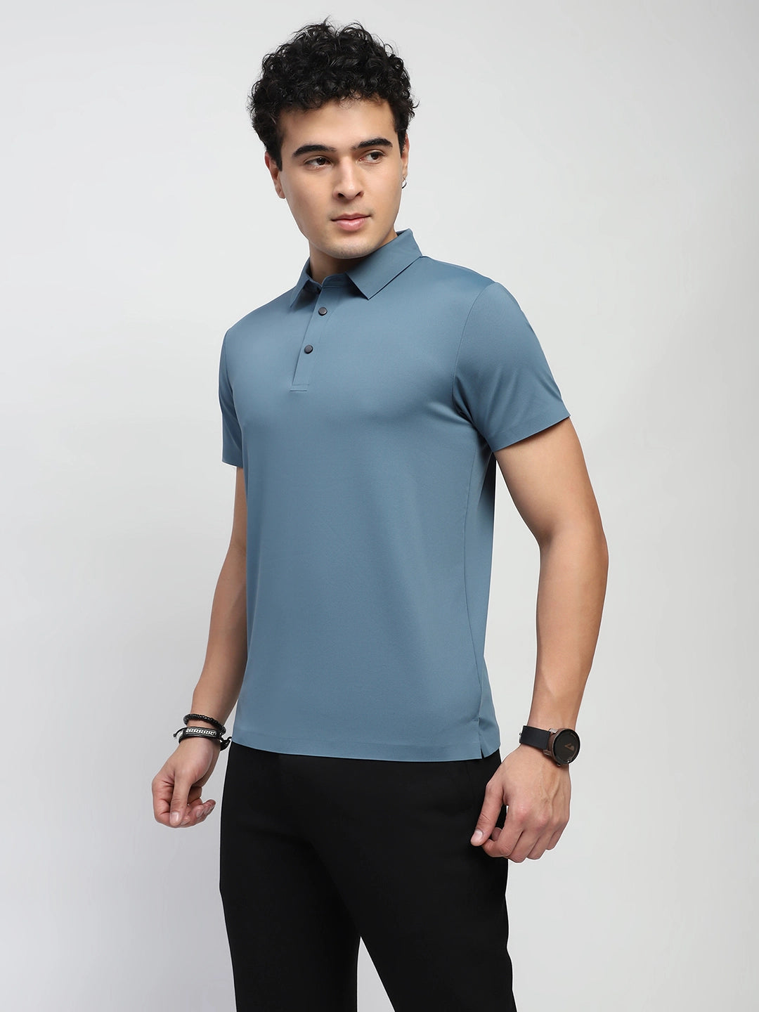 Blue Nylon Blend Solid T-Shirt - Global Republic