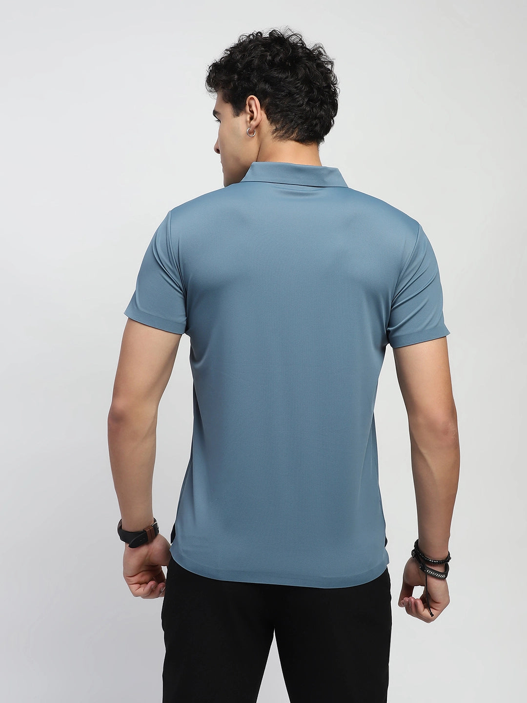 Blue Nylon Blend Solid T-Shirt - Global Republic