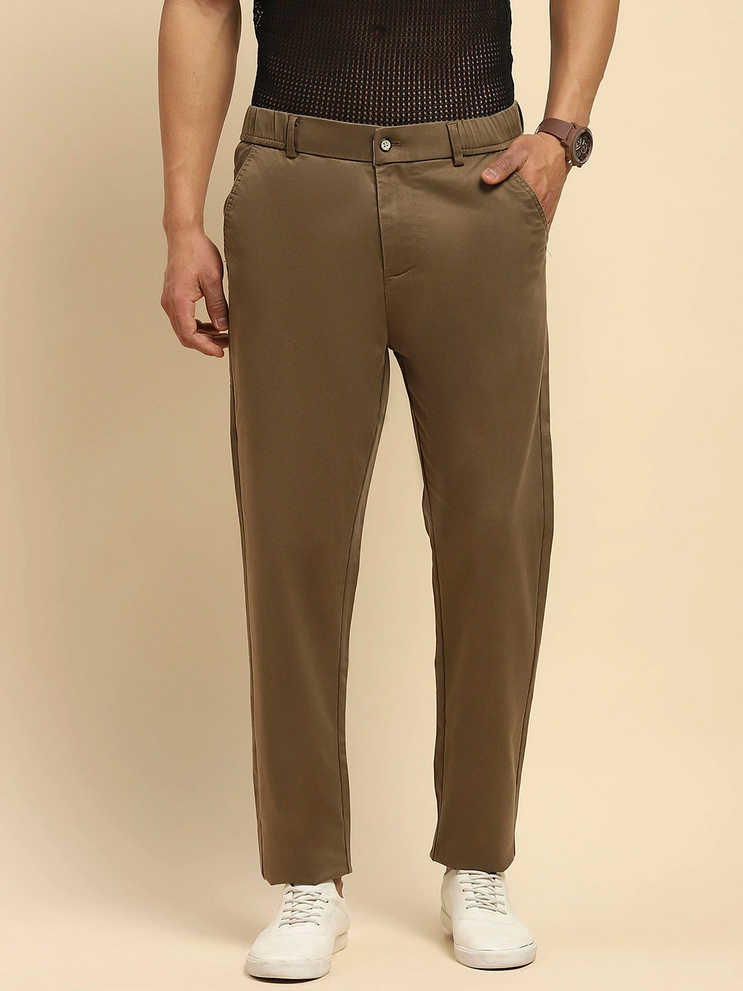 Khaki Cotton Blend Slim Trouser