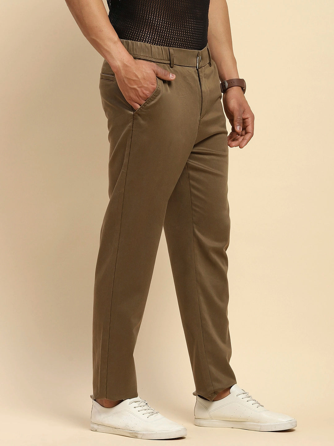 Khaki Cotton Blend Slim Trouser - Global Republic