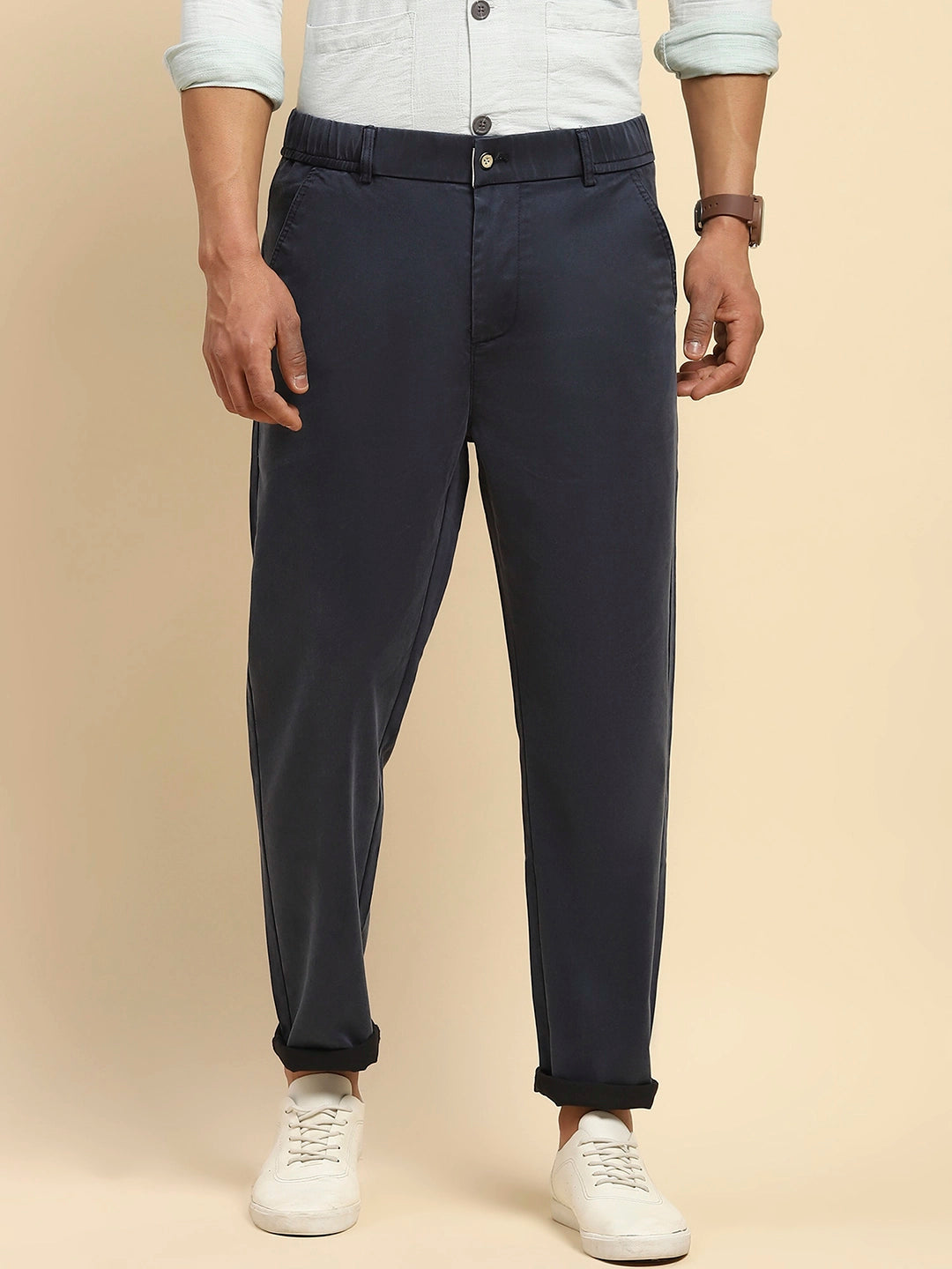 Navy Cotton Blend Slim Trouser