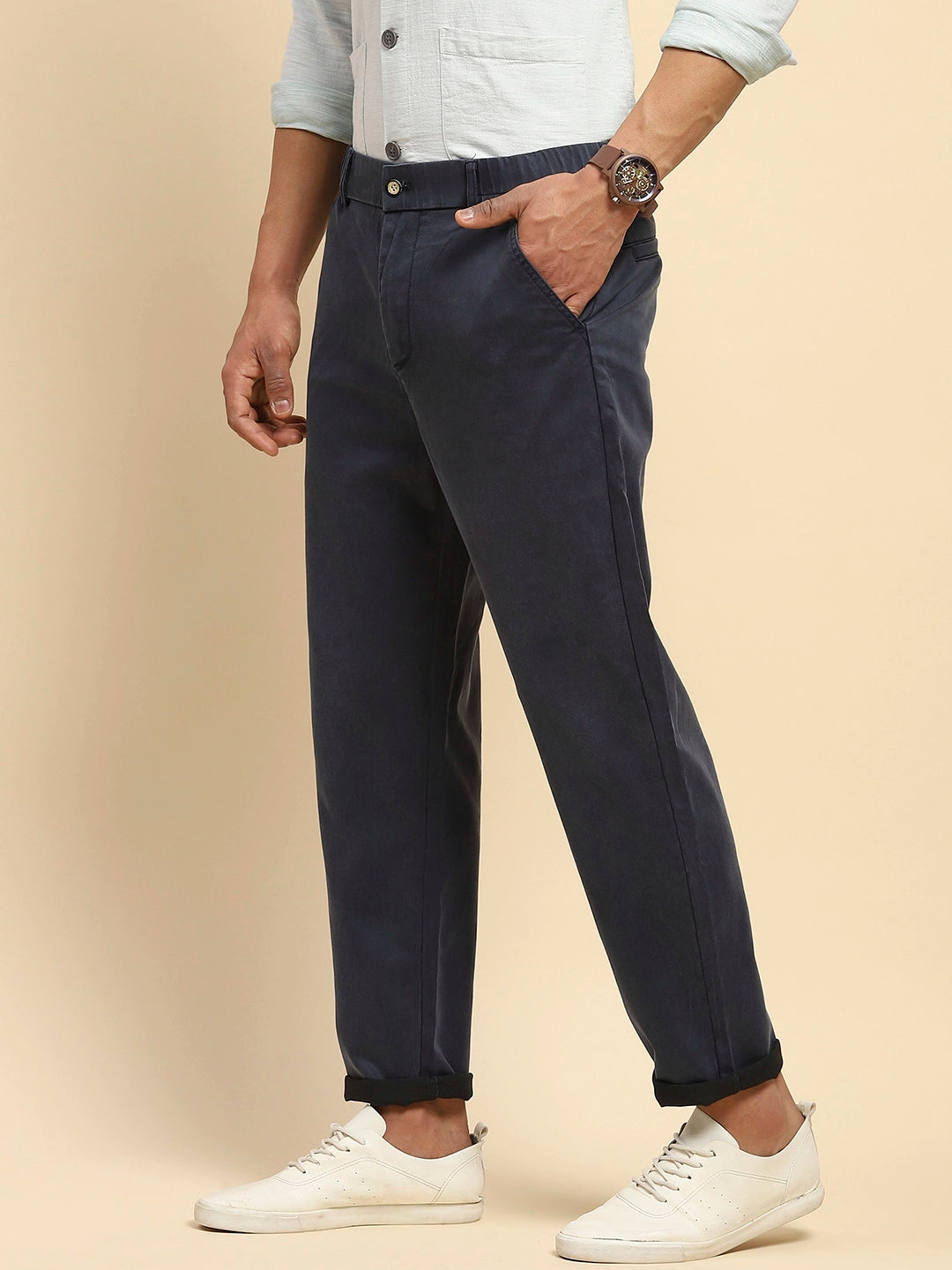 Navy Cotton Blend Slim Trouser