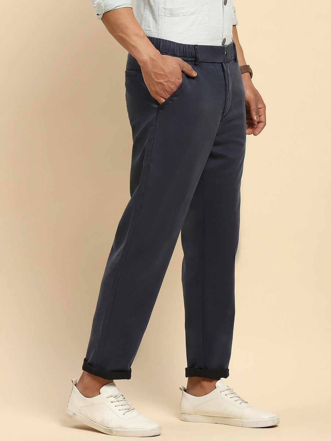 Navy Cotton Blend Slim Trouser