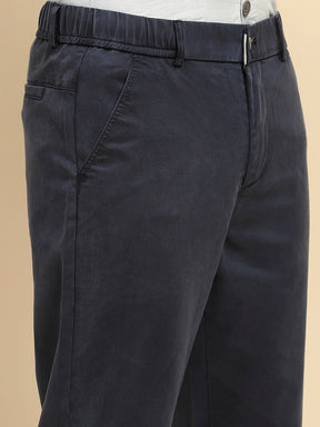 Navy Cotton Blend Slim Trouser