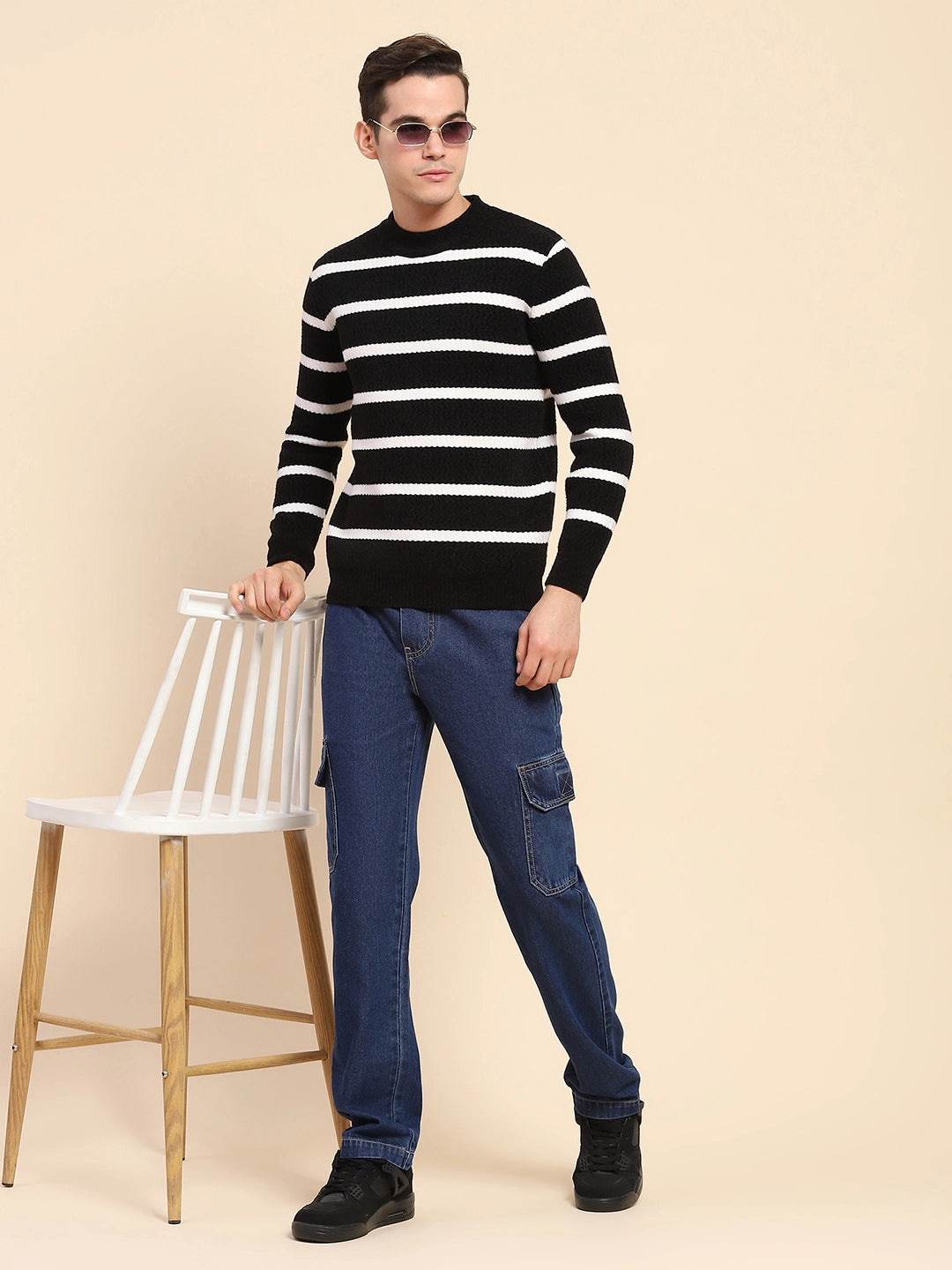 Black Poly Blend Striped Pullover