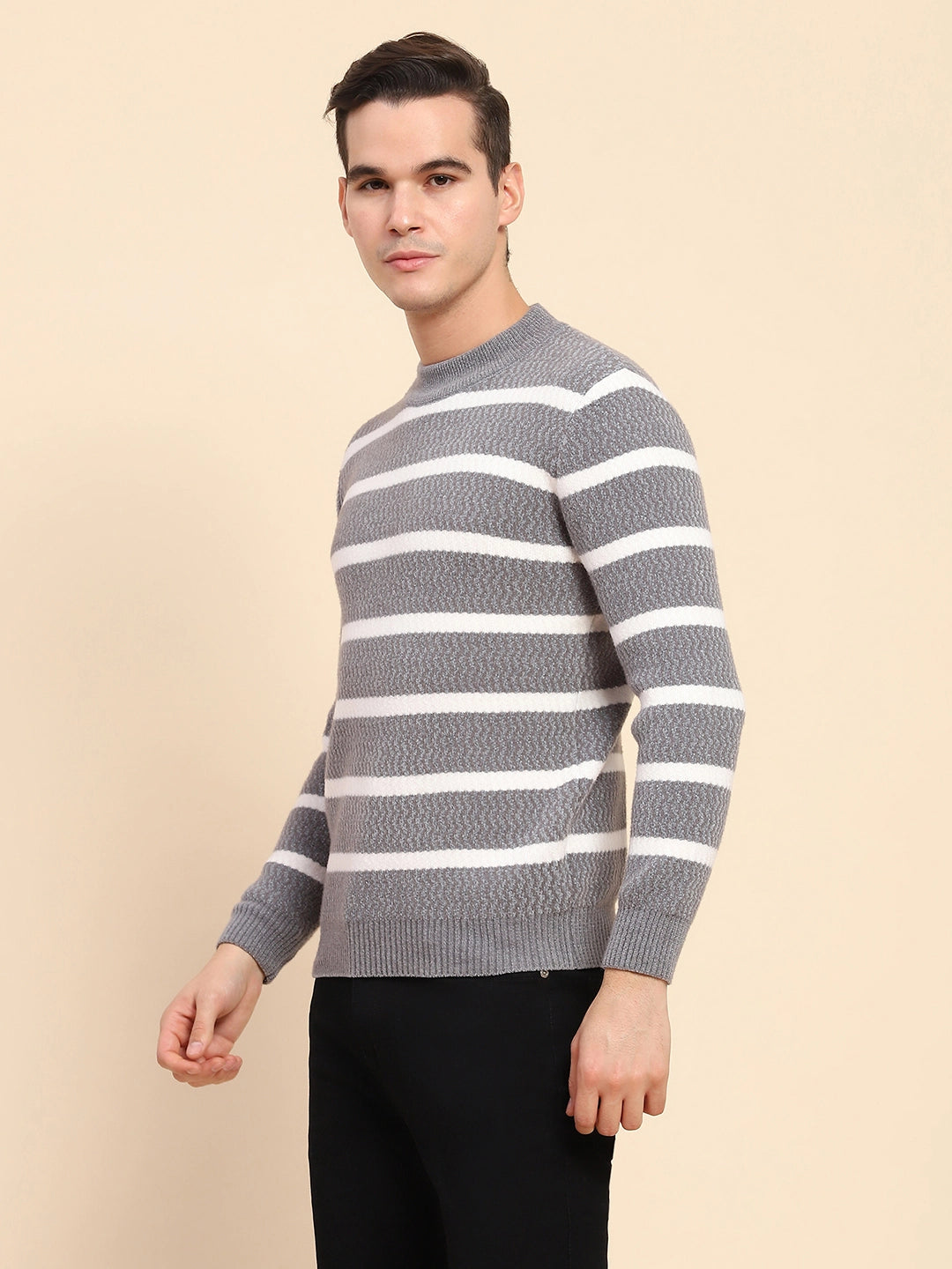 Grey Poly Blend Striped Pullover