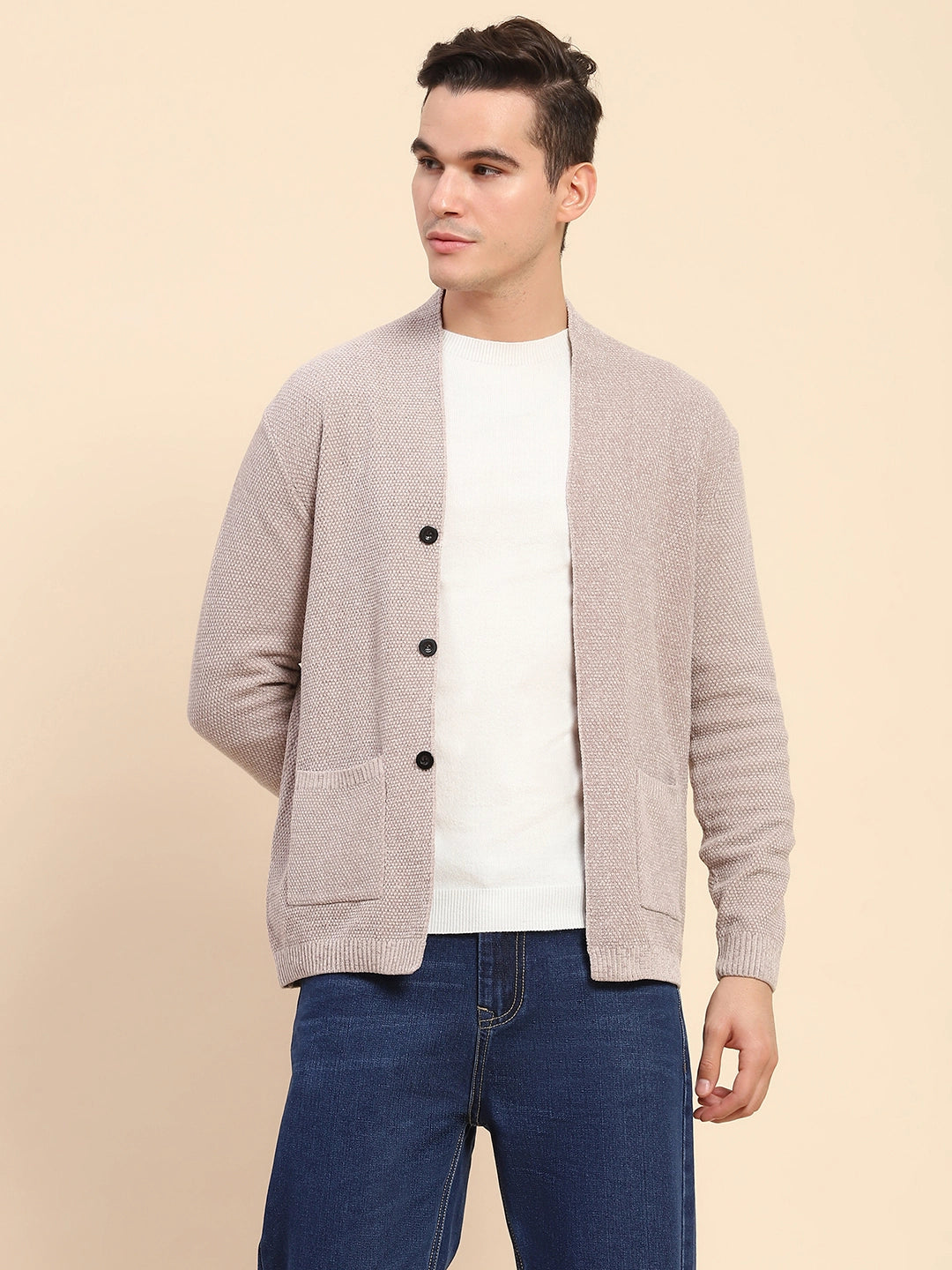 Beige Poly Blend Knitted Winter Shrug