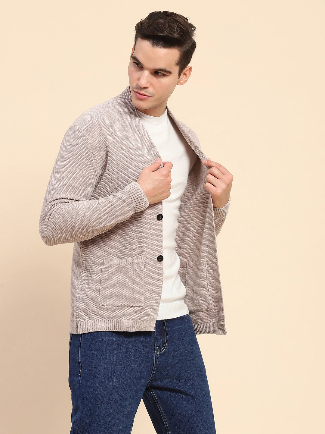 Beige Poly Blend Knitted Winter Shrug