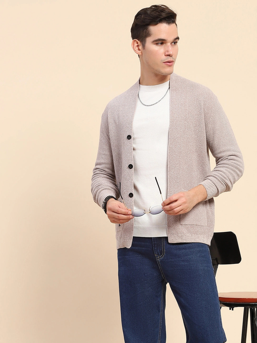 Beige Poly Blend Knitted Winter Shrug