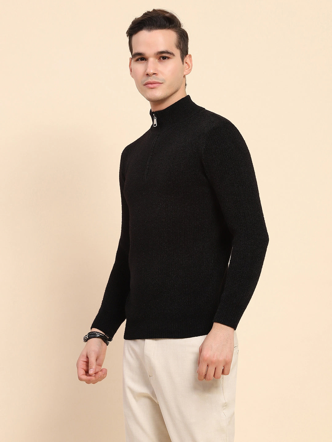 Black Poly Blend Knit Pullover