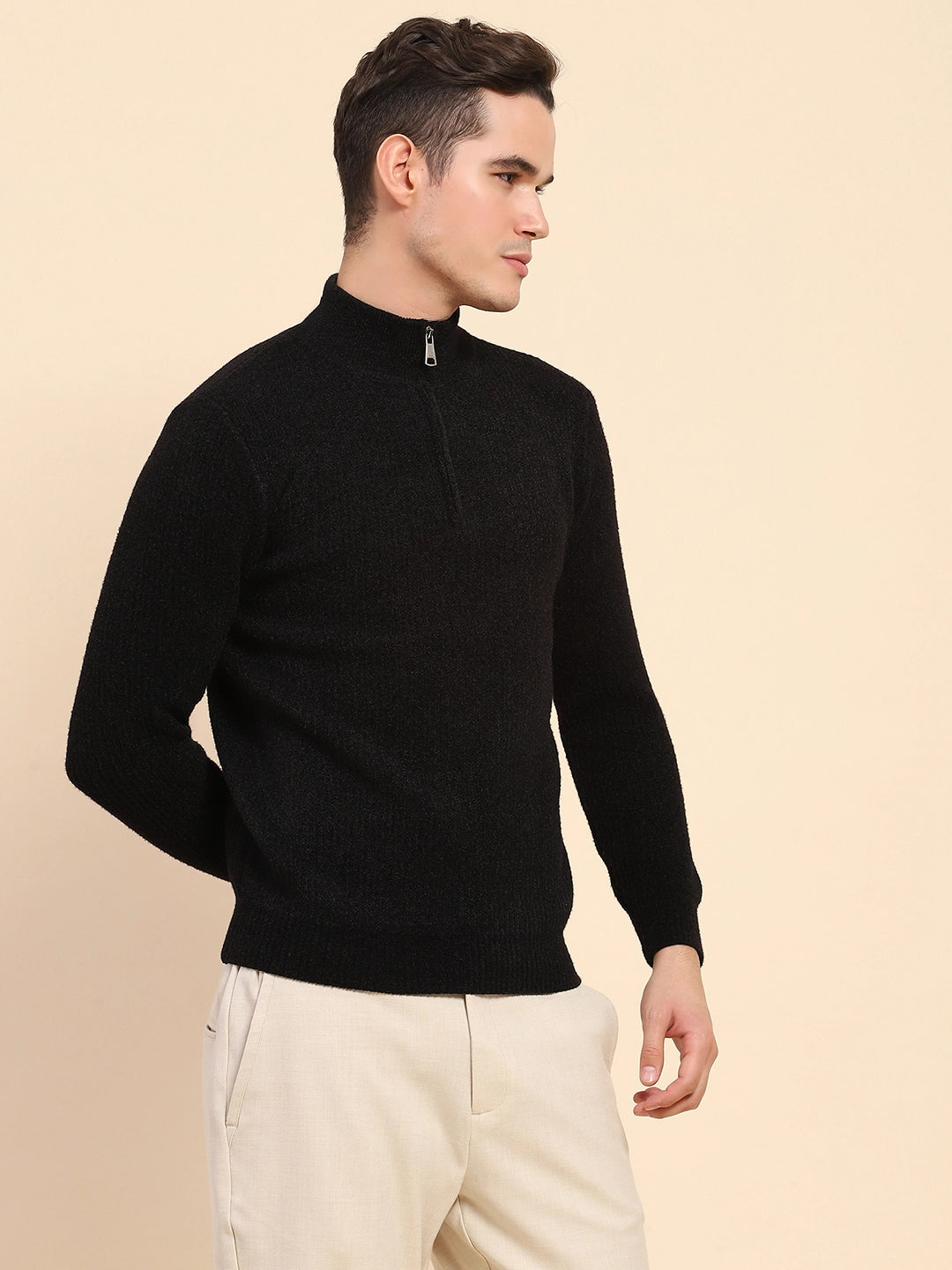 Black Poly Blend Knit Pullover