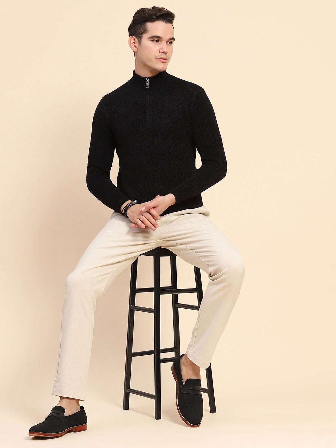 Black Poly Blend Knit Pullover