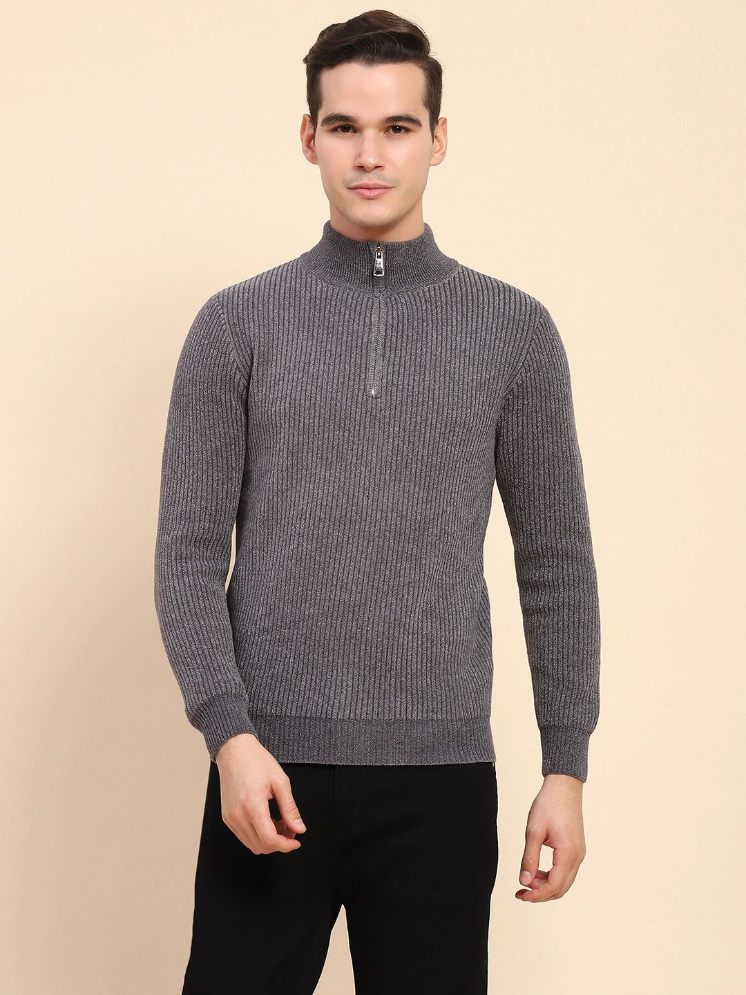 Grey Poly Blend Knit Pullover