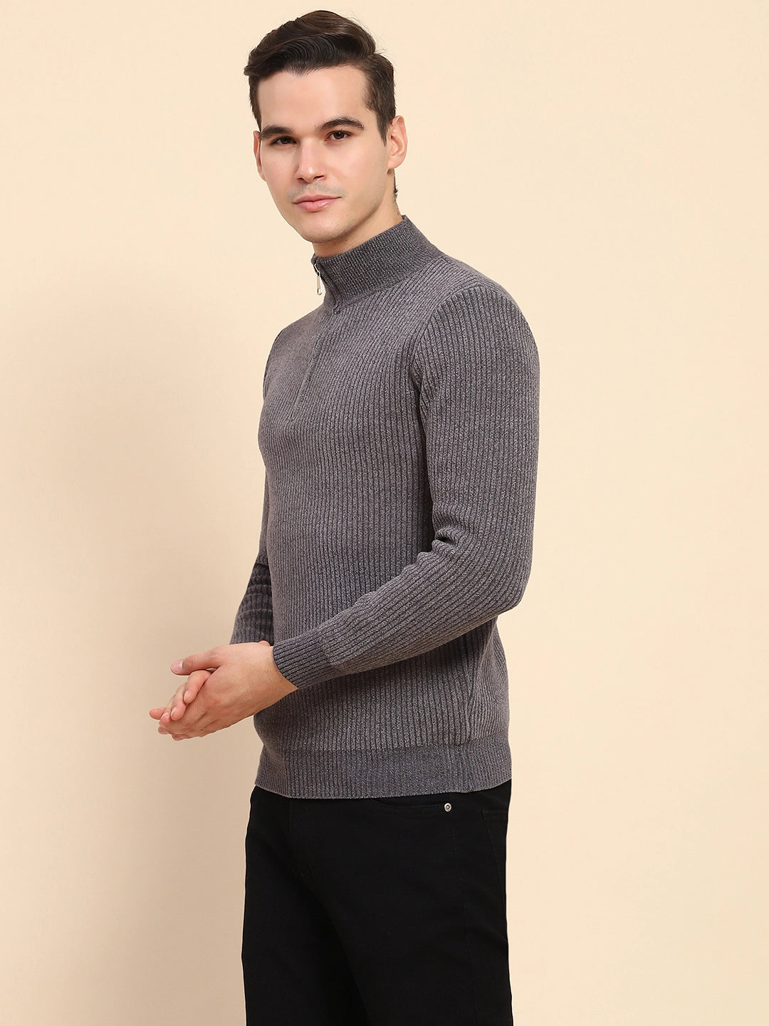 Grey Poly Blend Knit Pullover