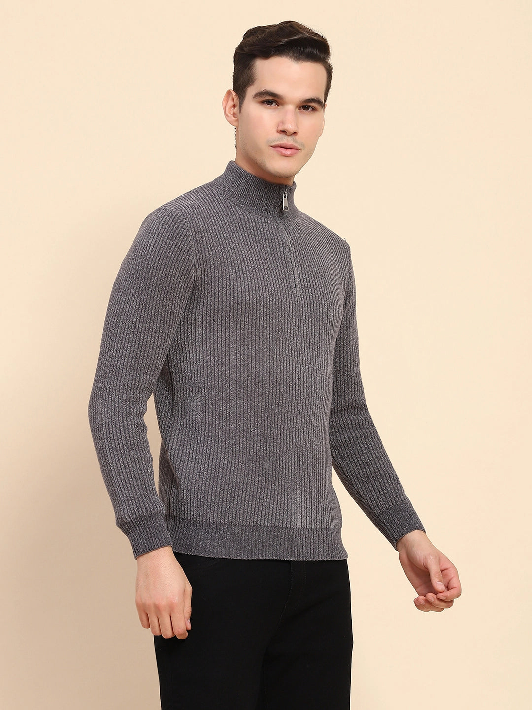 Grey Poly Blend Knit Pullover