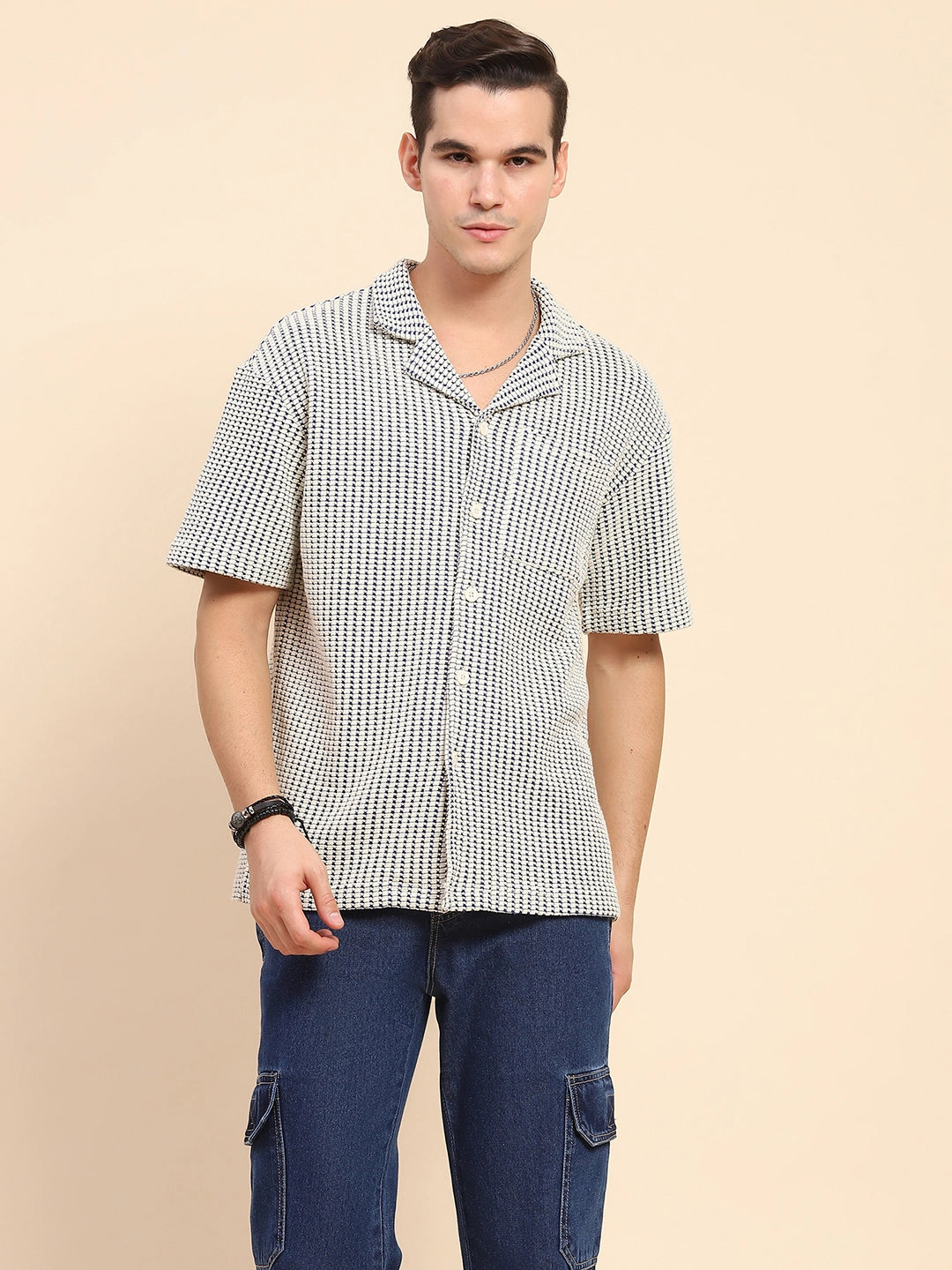 Blue Cotton Textured Casual Shirt