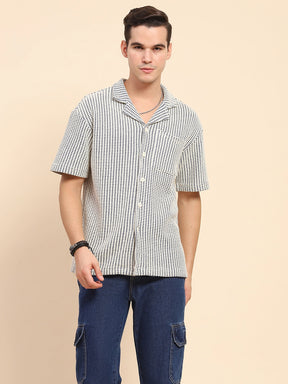 Blue Cotton Textured Casual Shirt