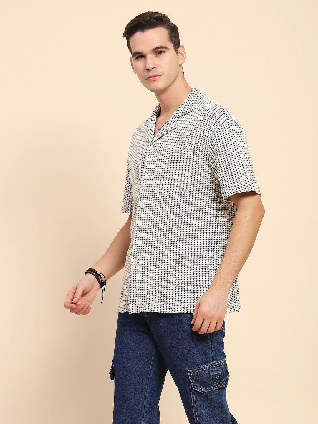 Blue Cotton Textured Casual Shirt