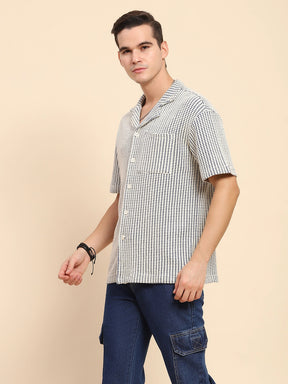Blue Cotton Textured Casual Shirt