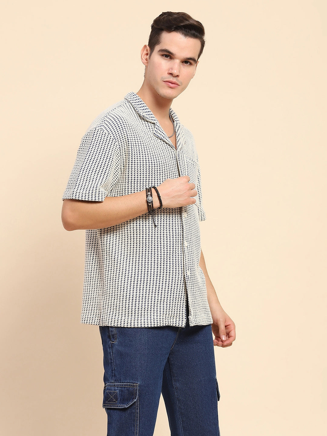 Blue Cotton Textured Casual Shirt