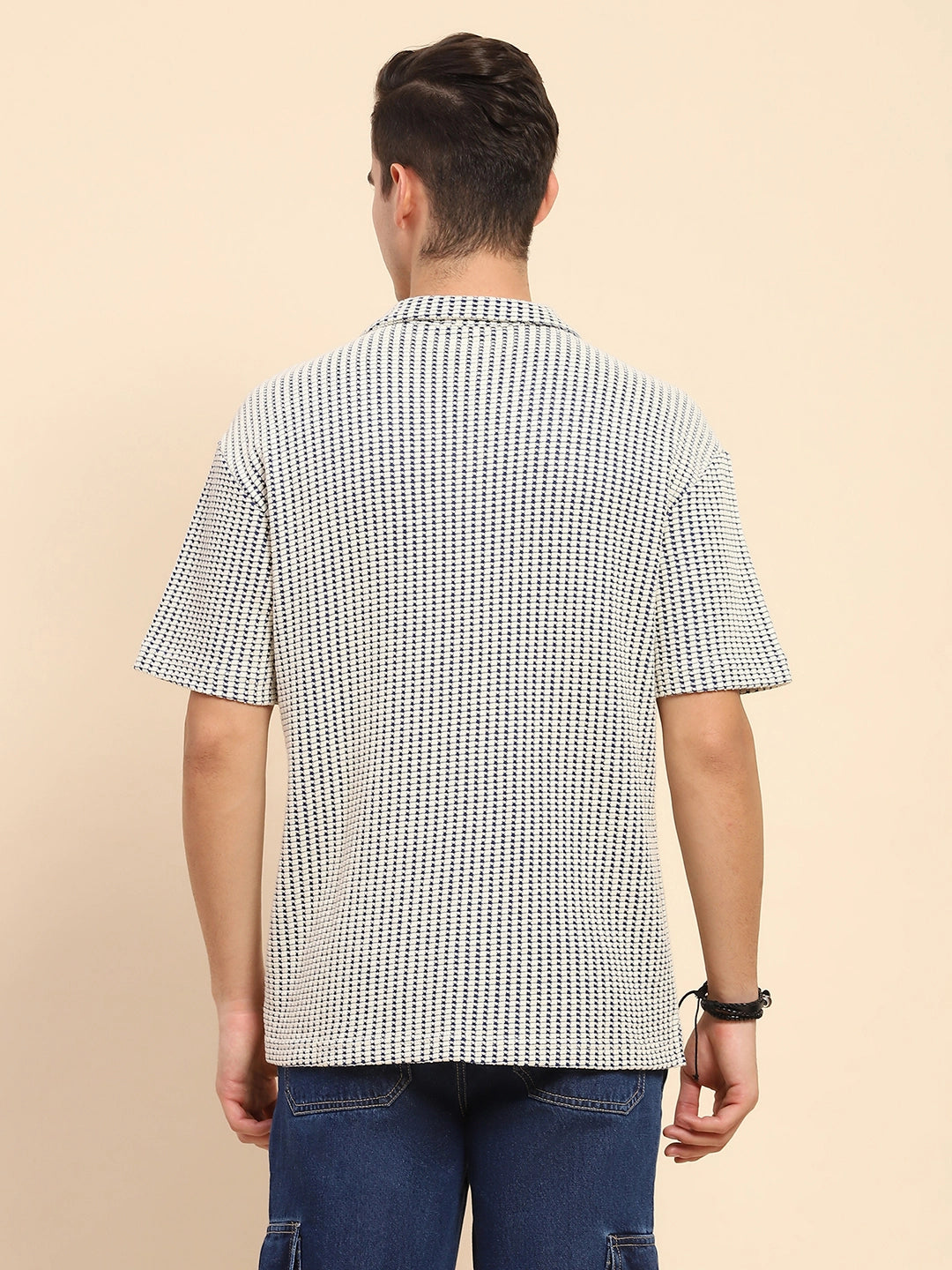 Blue Cotton Textured Casual Shirt