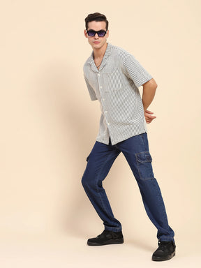 Blue Cotton Textured Casual Shirt