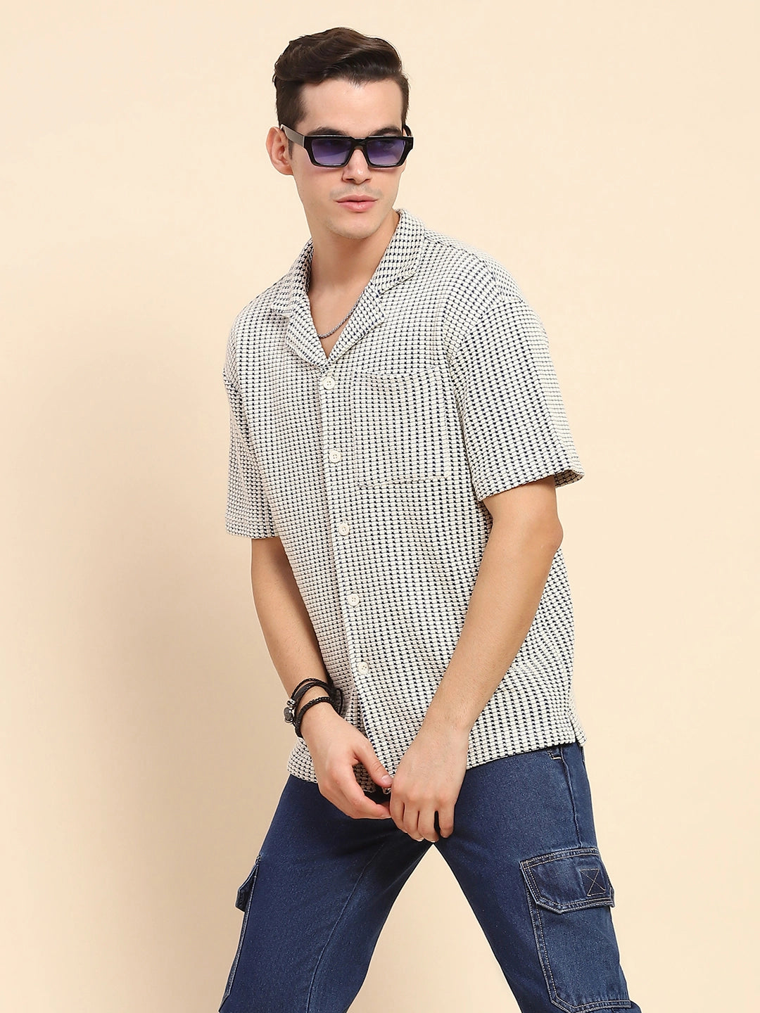 Blue Cotton Textured Casual Shirt