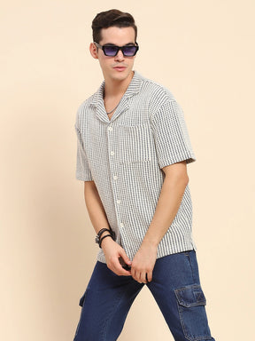 Blue Cotton Textured Casual Shirt